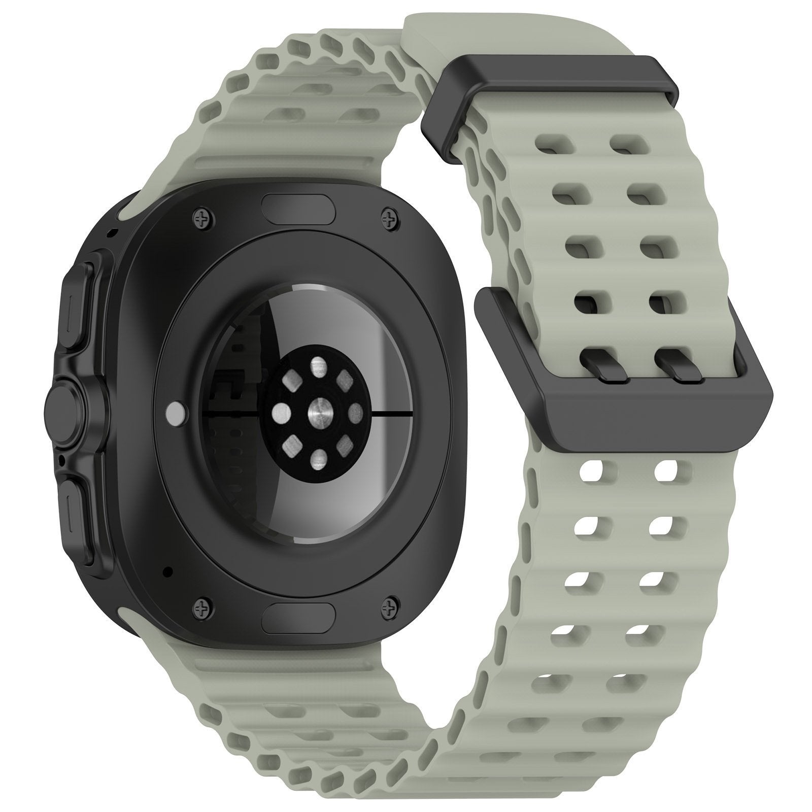 Silicone Ocean Strap, grey-green, on a watch, 3/4 rear view
