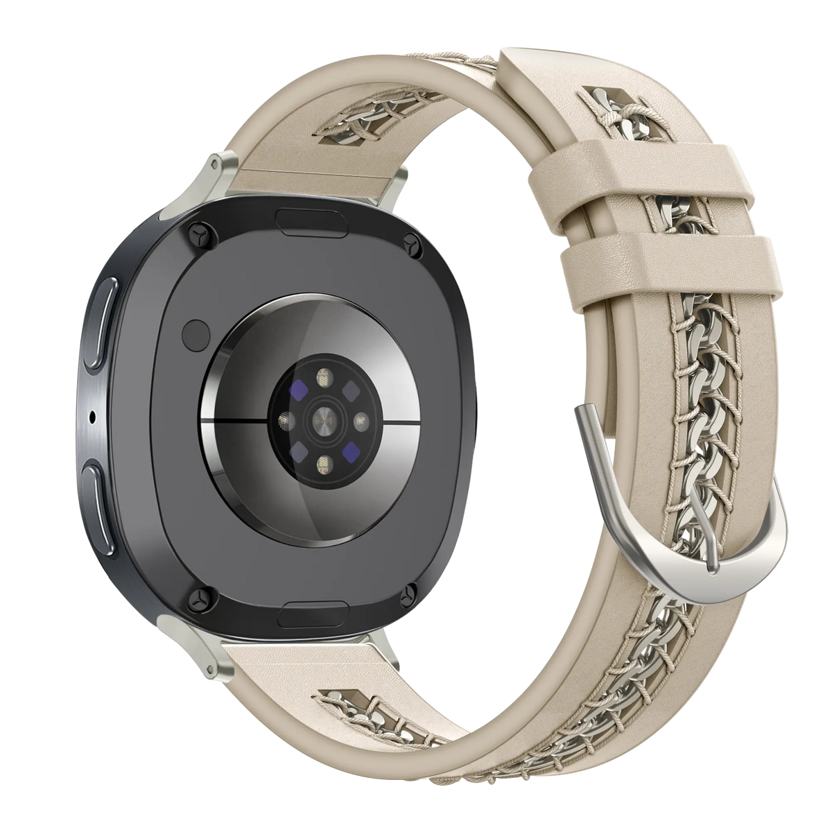 Leather Strap 'Chains', beige, on a watch, 3/4 rear view