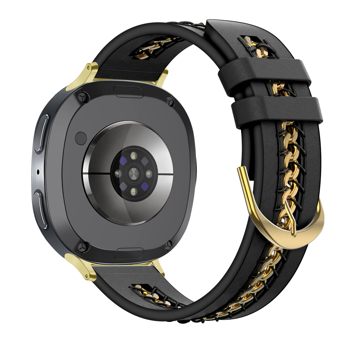 Leather Strap 'Chains', black, on a watch, 3/4 rear view