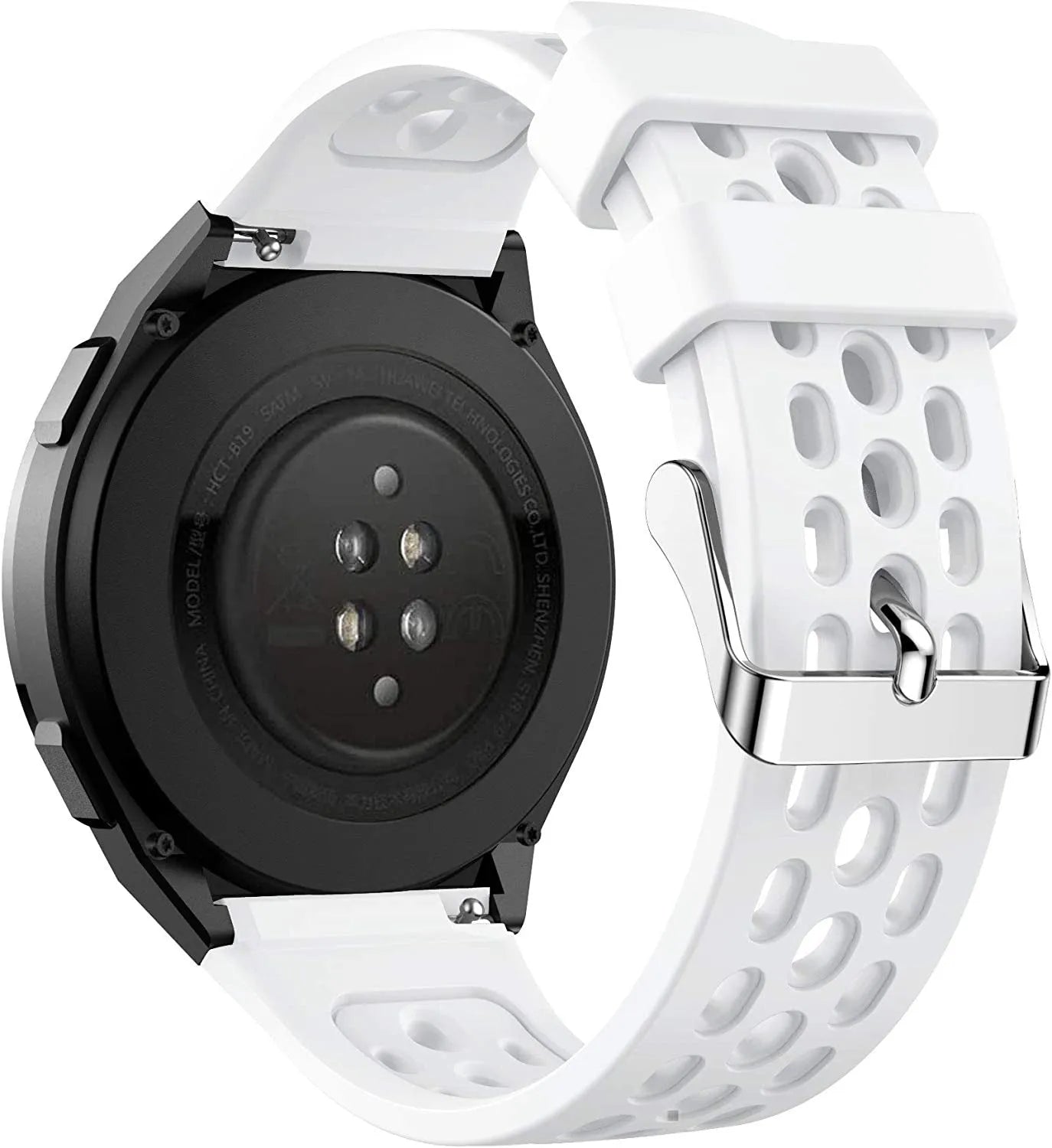 Breathable Silicone Strap, white, on a watch, 3/4 rear view