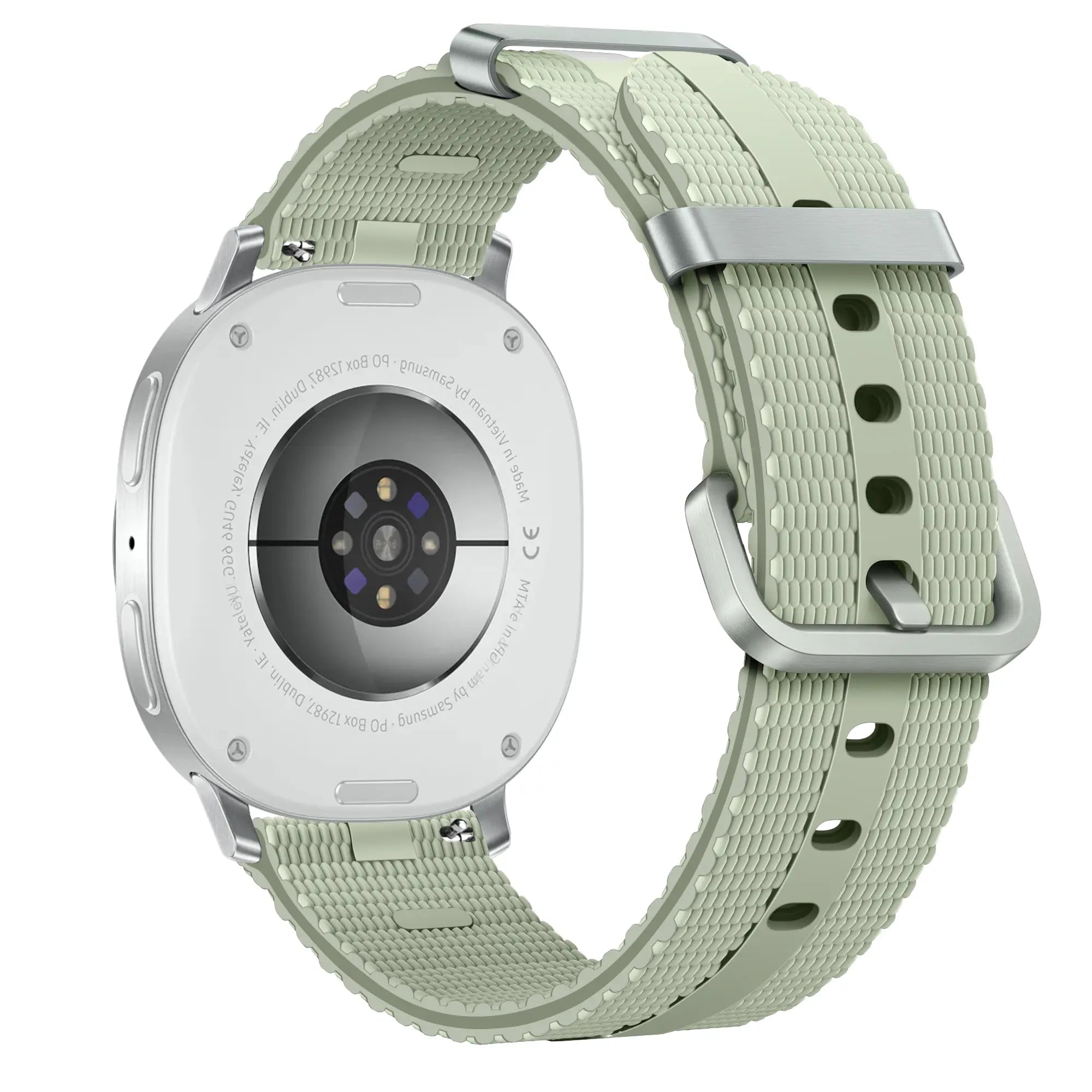 Silicone Active Strap, light green, on a watch, 3/4 rear view
