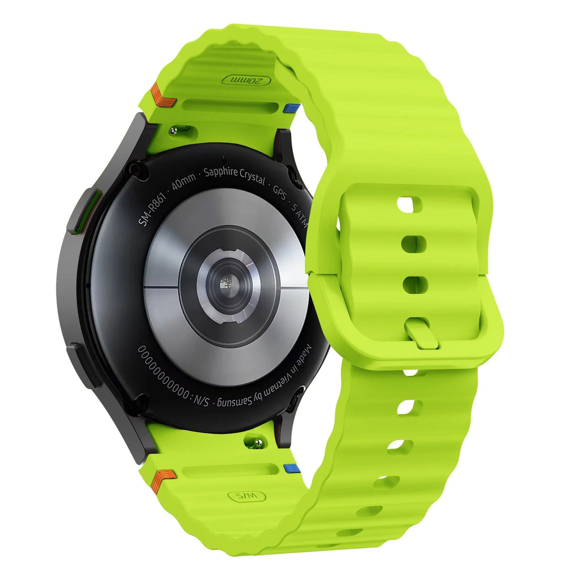 Wave Silicone Strap, lime, on a watch, 3/4 rear view