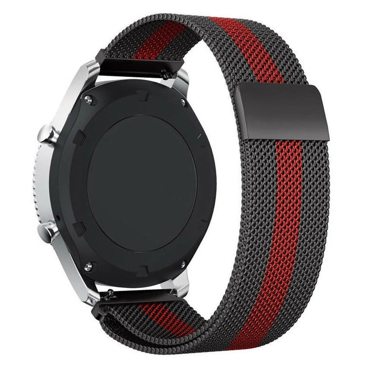 Milanese Strap, black/red, on a watch, 3/4 rear view