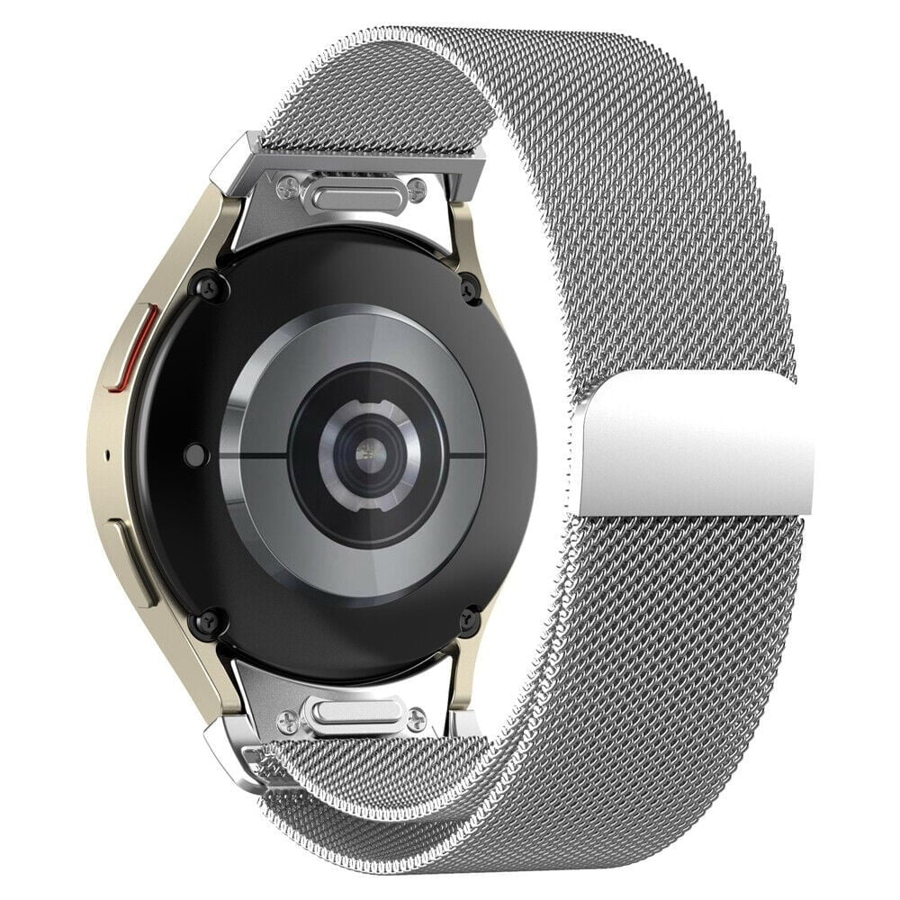 Milanese Strap 'One Push', silver, on a watch, 3/4 rear view