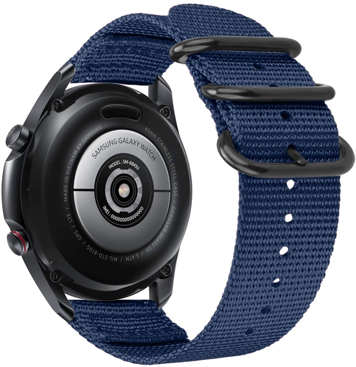 Nylon Buckle Strap, blue, on a watch, 3/4 rear view