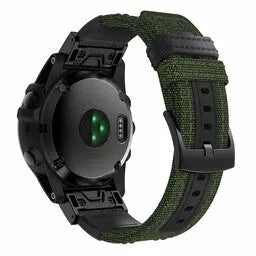 Nylon Hybrid Strap, army green, on a watch, 3/4 rear view