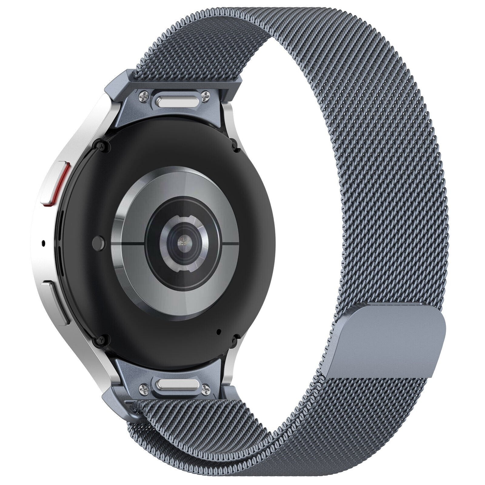Milanese Strap 'One Push', space grey, on a watch, 3/4 rear view