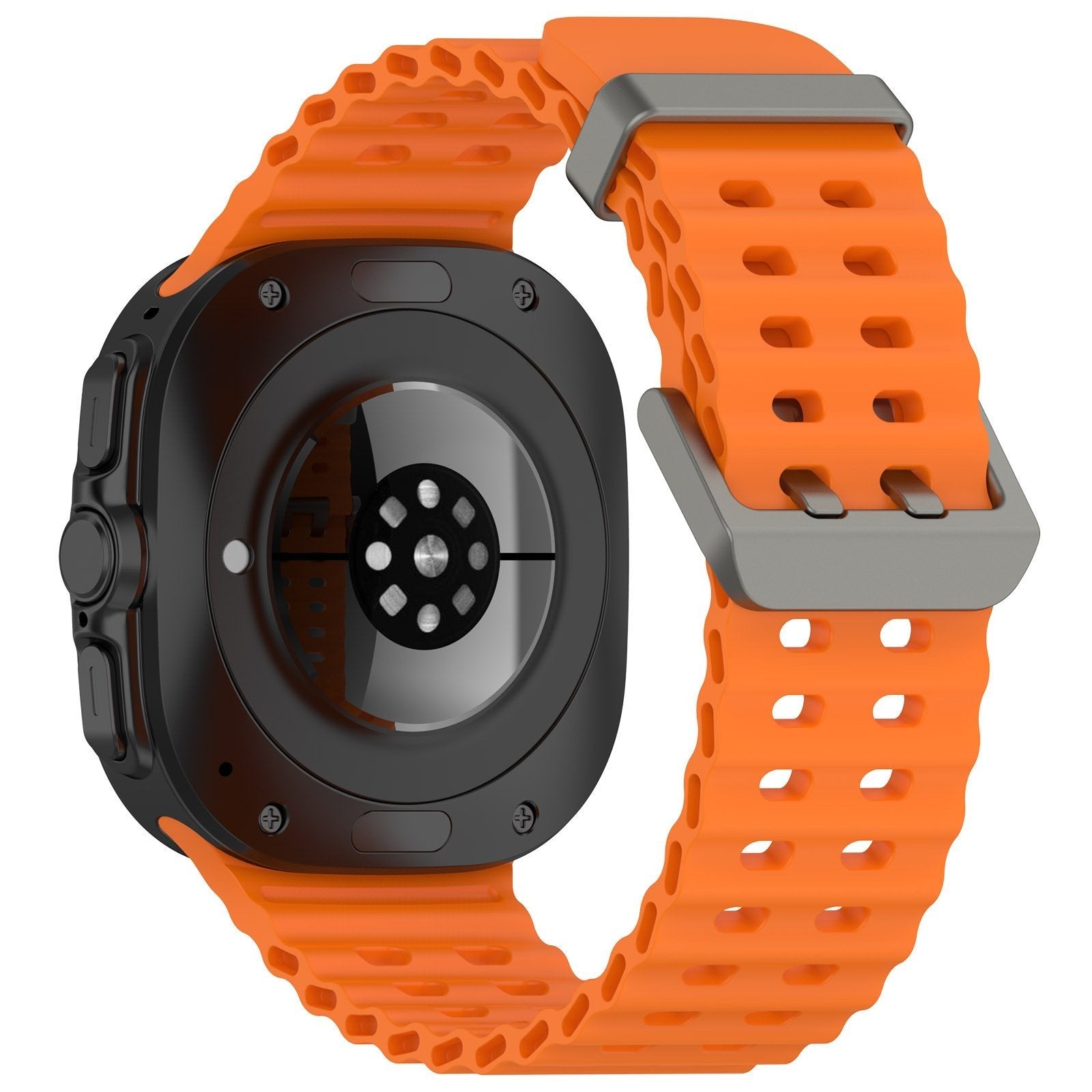 Silicone Ocean Strap, orange, on a watch, 3/4 rear view