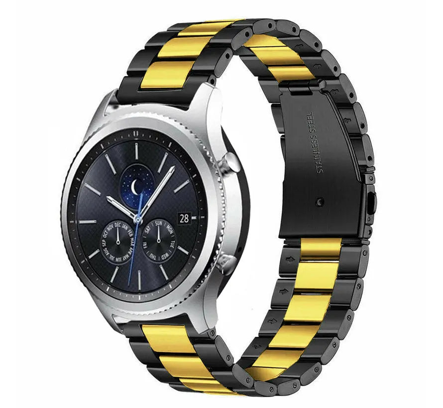 Steel Strap, black/gold, on a watch, 3/4 rear view