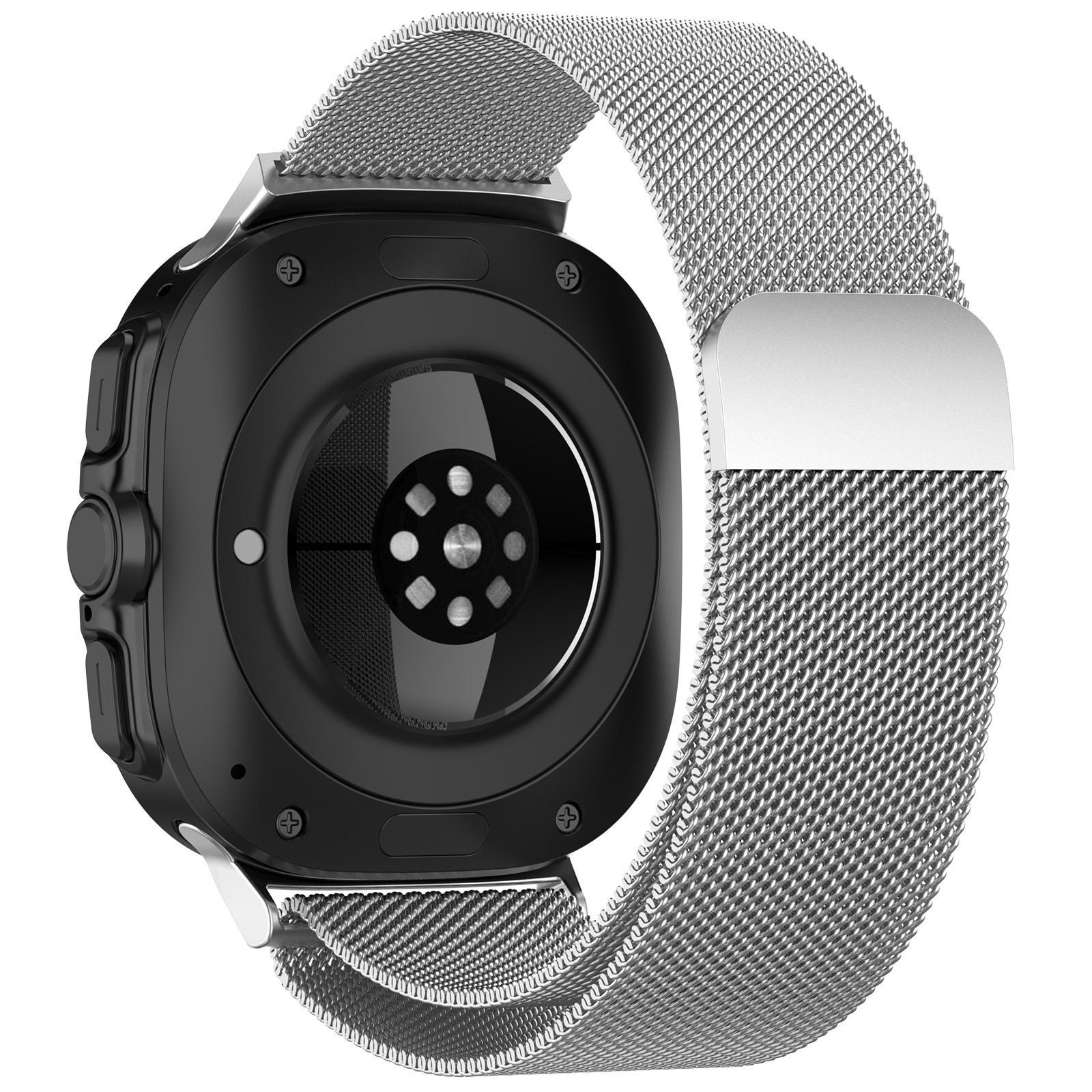 Milanese Strap, silver, on a watch, 3/4 rear view
