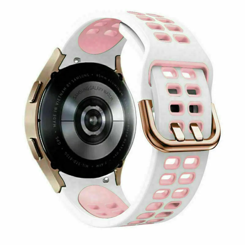 Silicone Squared Sport Strap, white/pink, on a watch, 3/4 rear view