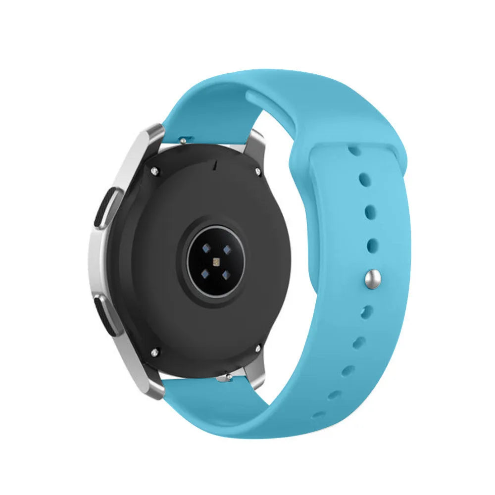 Silicone Sport Strap, light blue, on a watch, 3/4 rear view