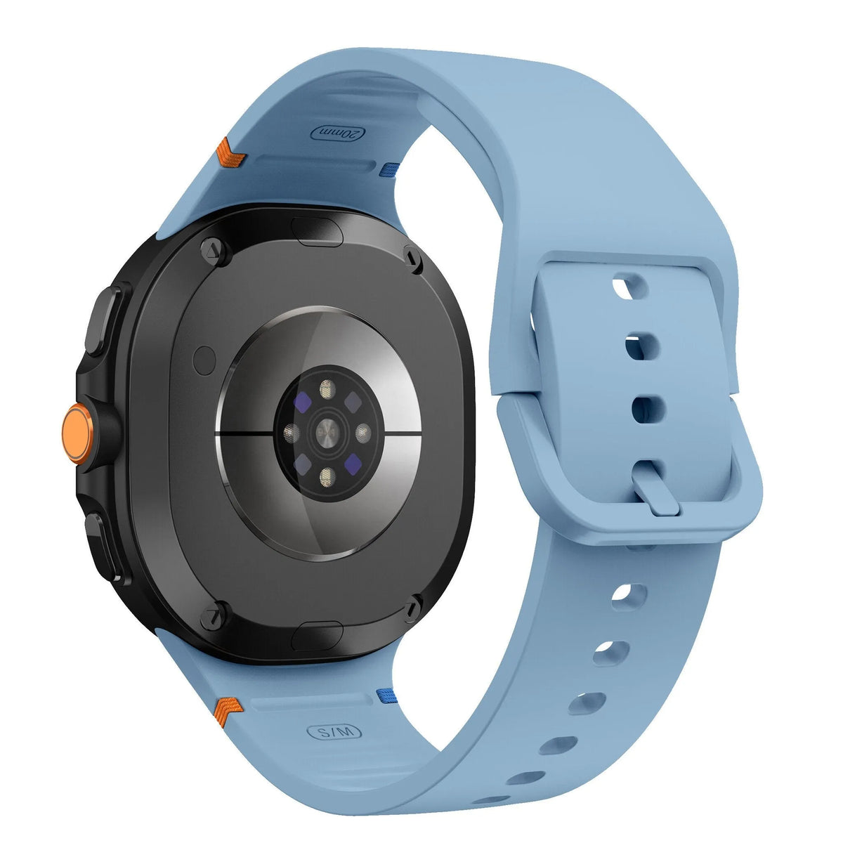 Silicone Strap, blue, on a watch, 3/4 rear view