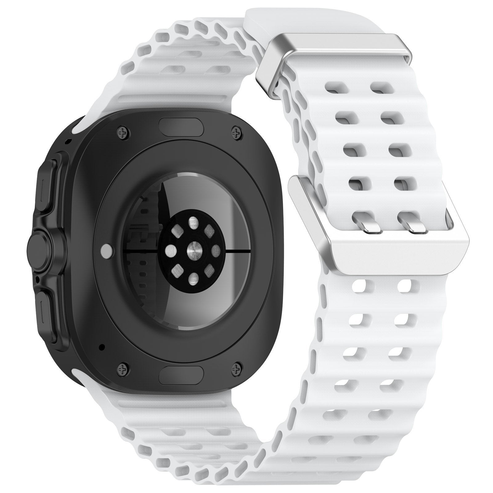 Silicone Ocean Strap, white, on a watch, 3/4 rear view