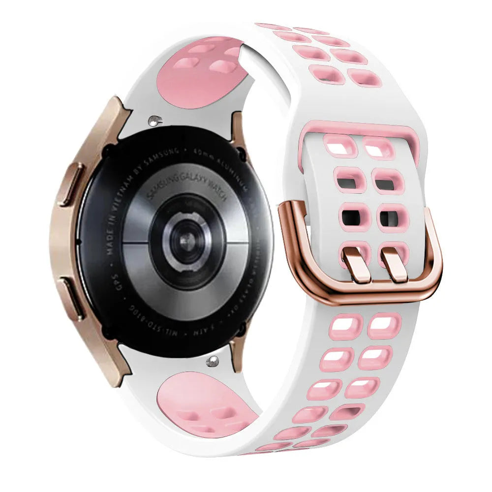 Silicone Squared Sport Strap, white/pink, on a watch, 3/4 rear view