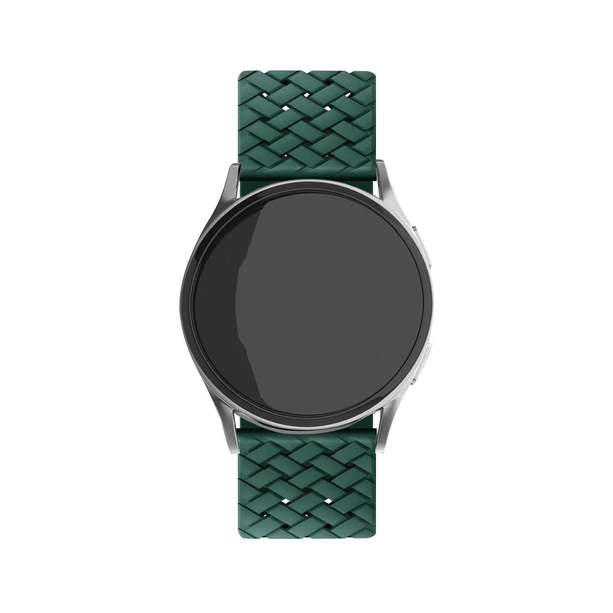 Braided Silicone Strap, dark green, on a watch, direct front view