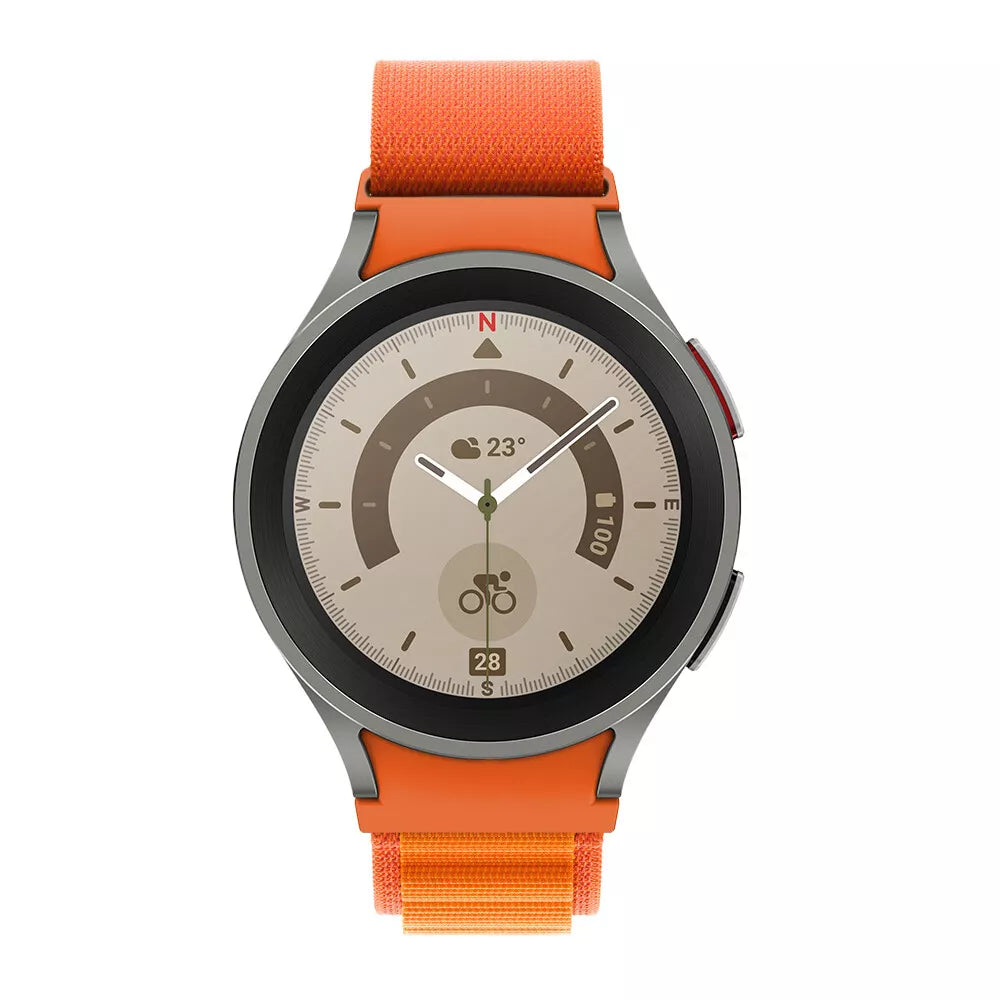 Alpine Nylon Strap, orange, on a watch, direct front view