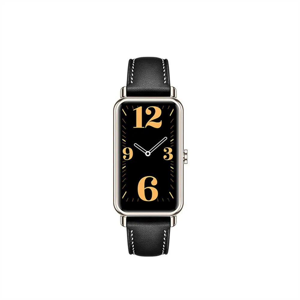 Leather Strap, black, on a watch, direct front view