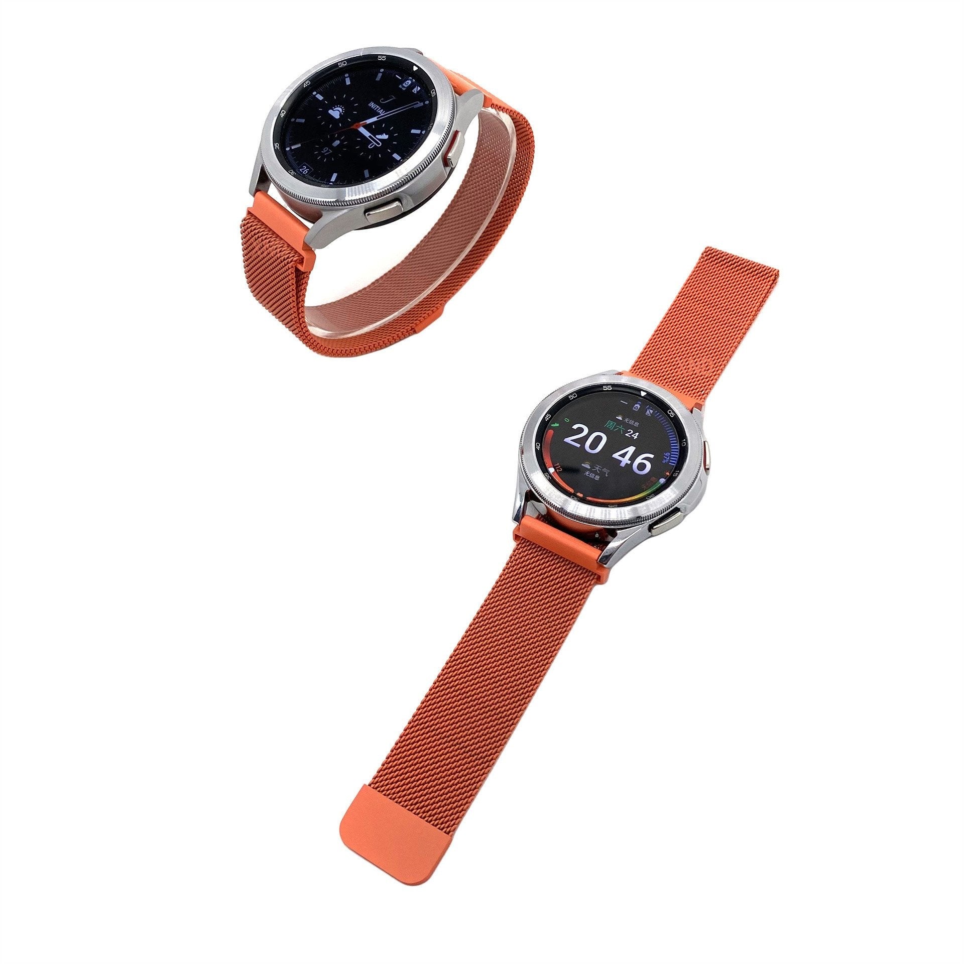 Milanese Strap, orange, on a watch, direct front view