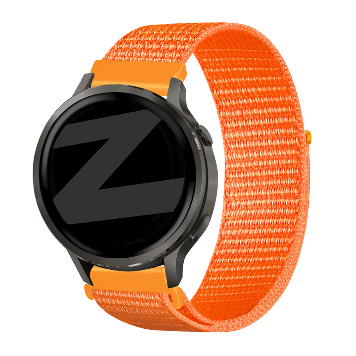 Nylon Loop Strap, orange, on a watch, direct front view
