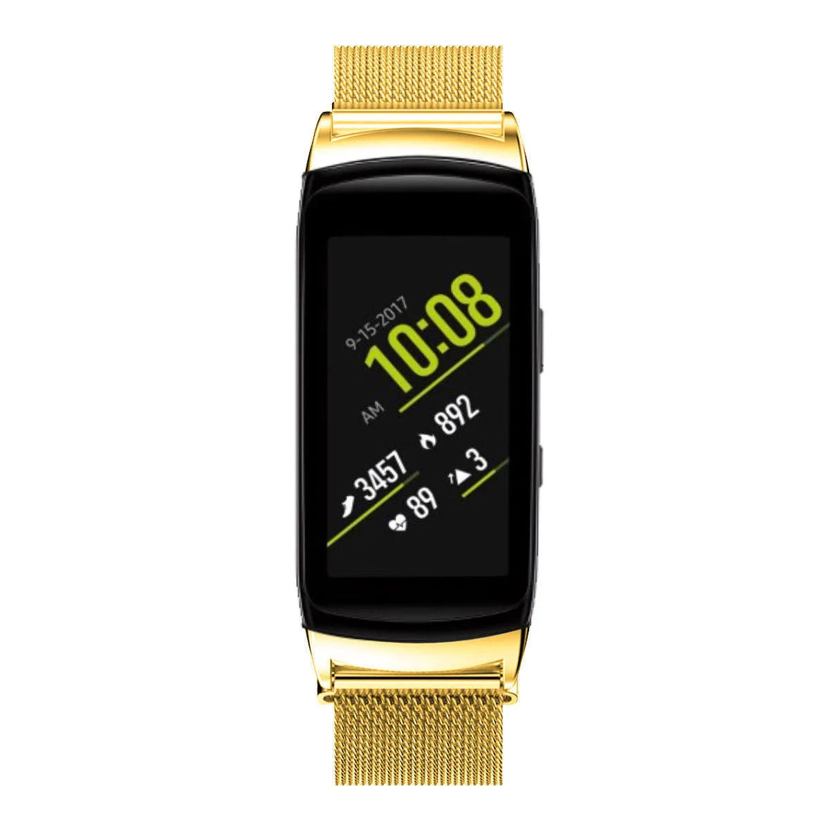 Milanese Strap, gold, on a watch, direct front view