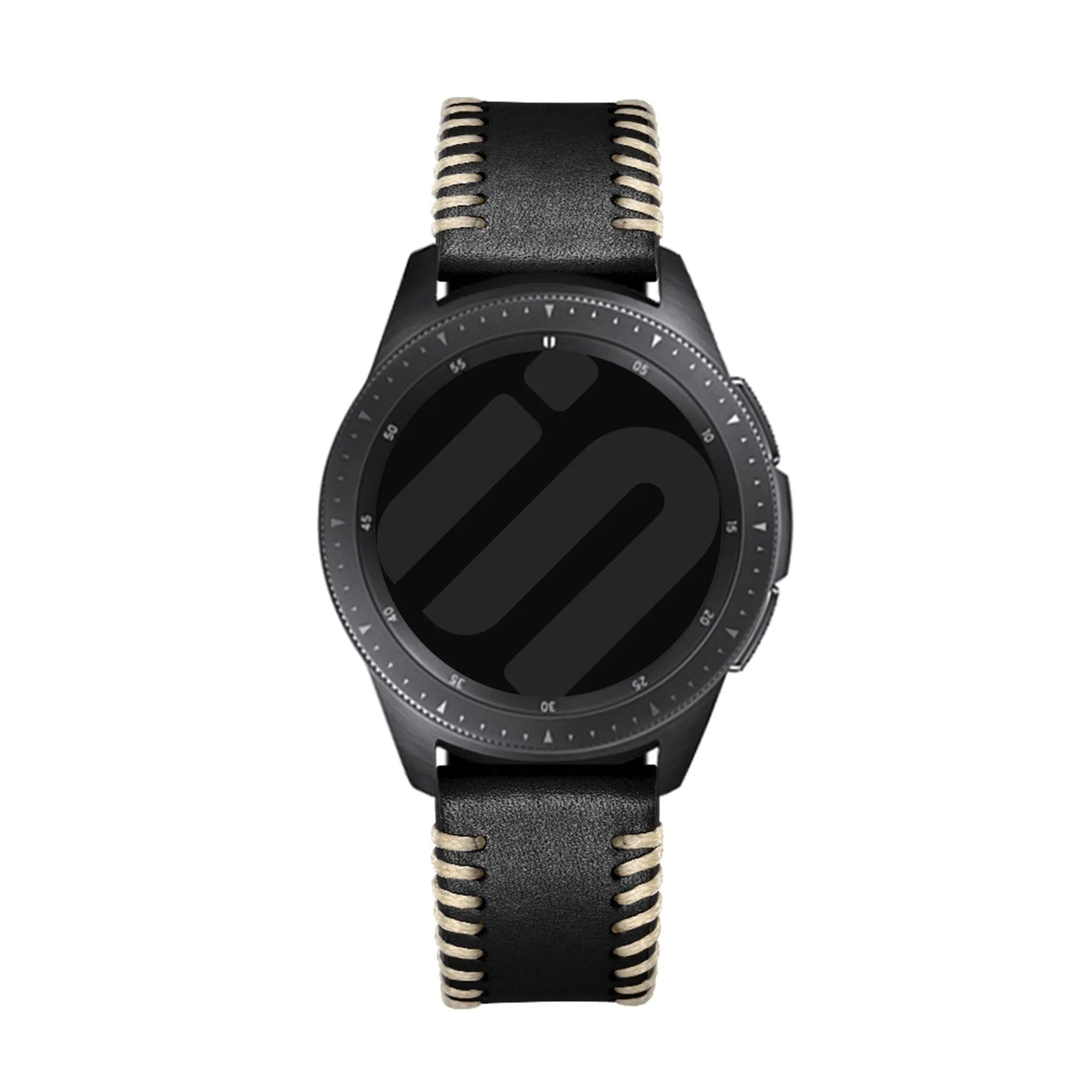 Stitched Leather Strap, black, on a watch, direct front view
