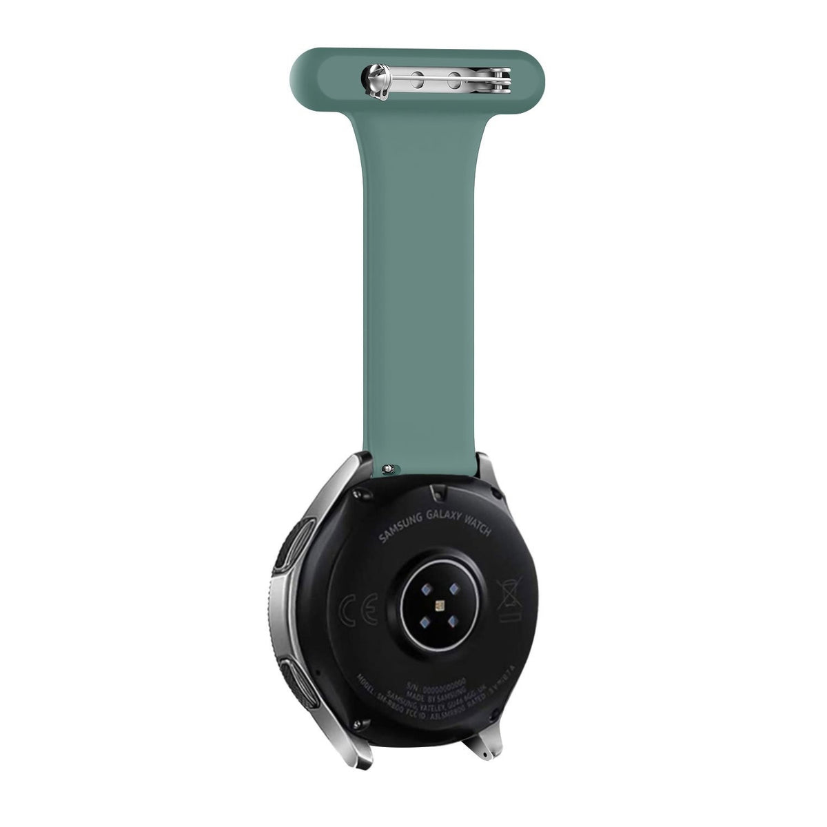 Silicone Nurse Fob, green, on a watch, direct rear view