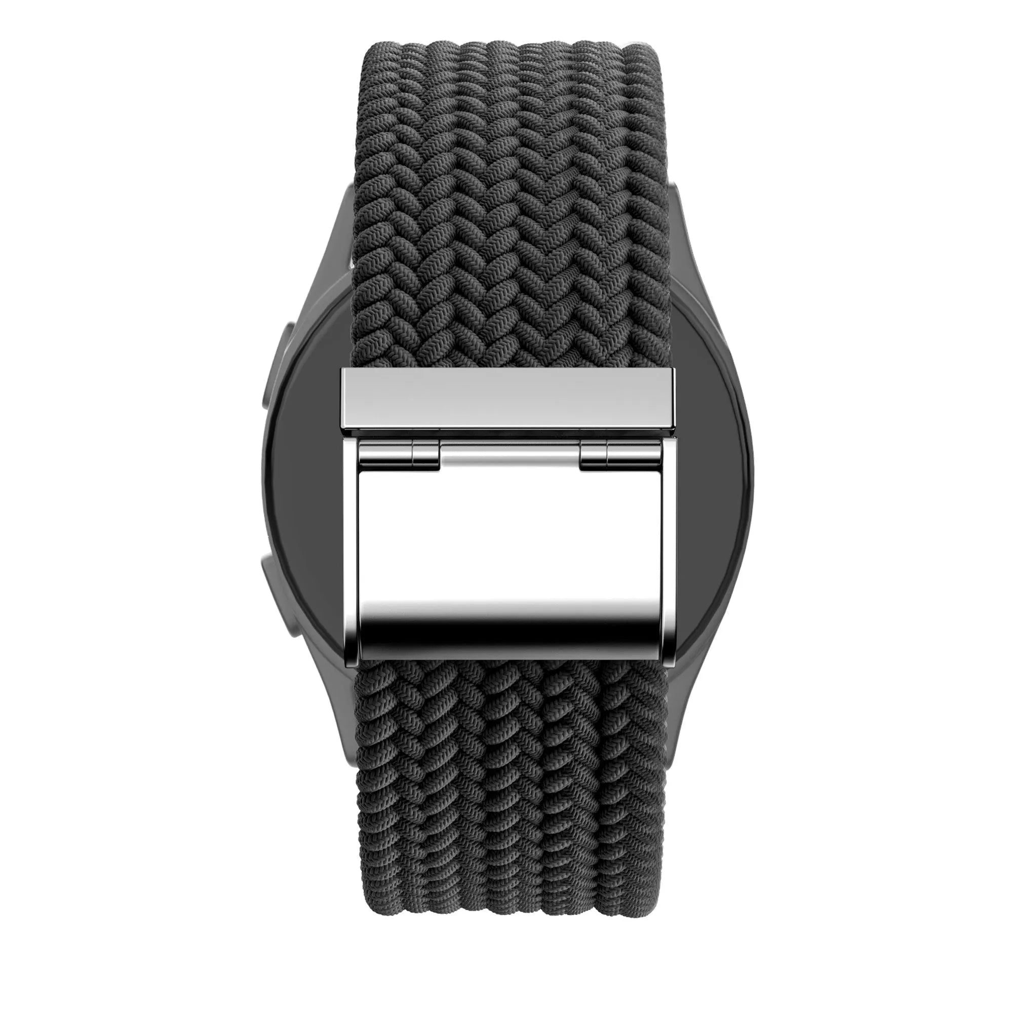 Woven Nylon Strap, black, on a watch, direct rear view