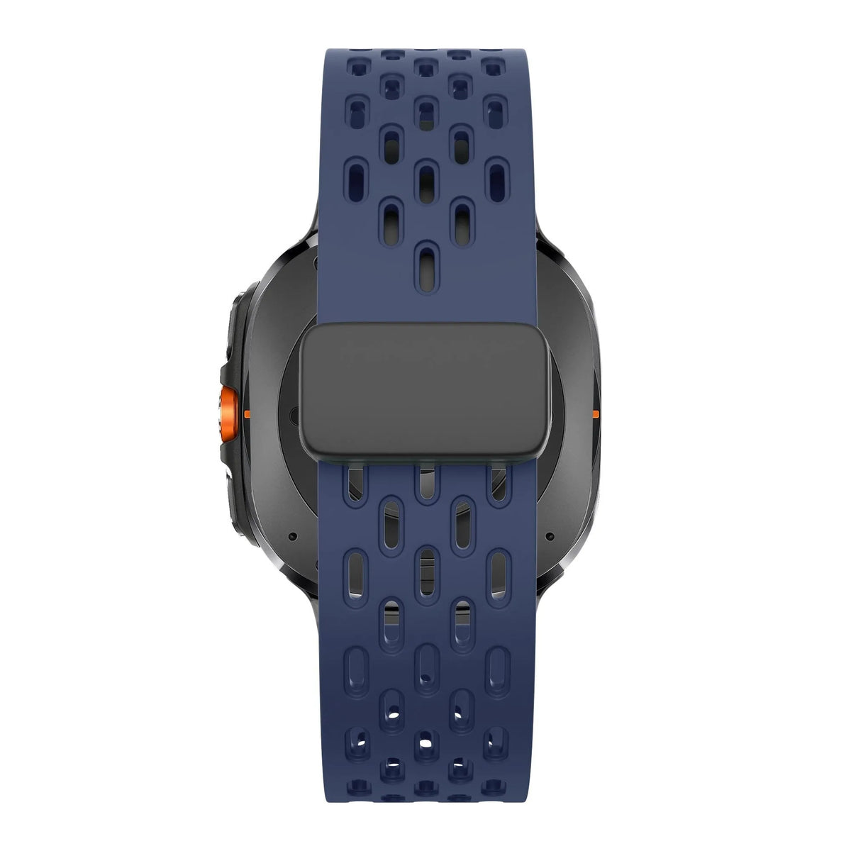 Silicone D-Buckle Sport Strap 'Air', dark blue, on a watch, direct rear view