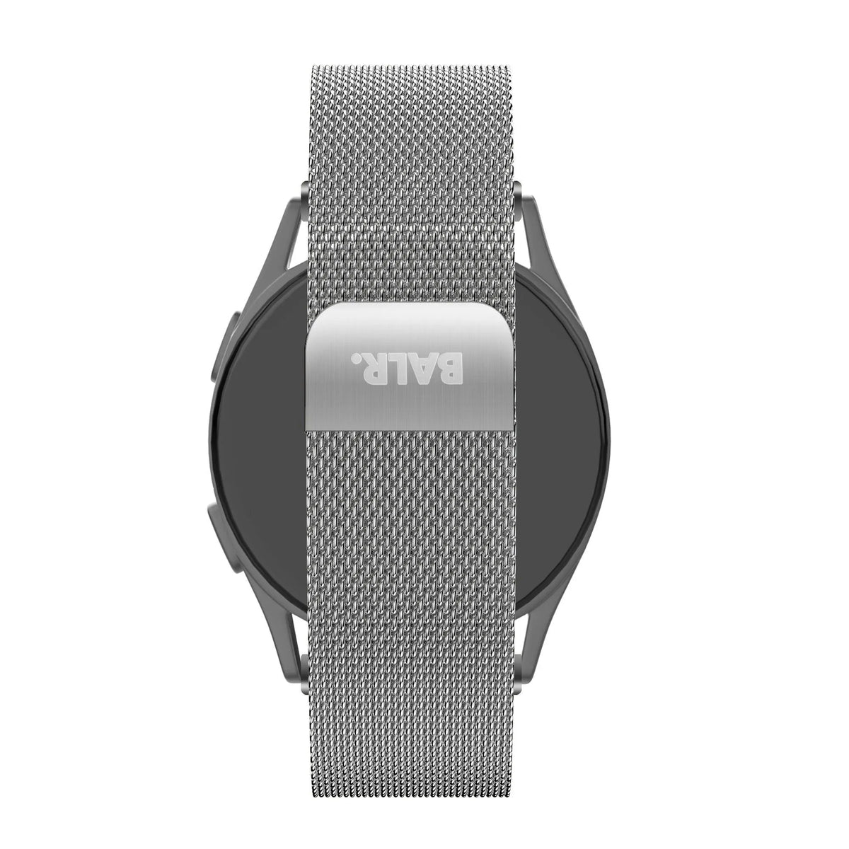 Milanese Strap, silver, on a watch, direct rear view