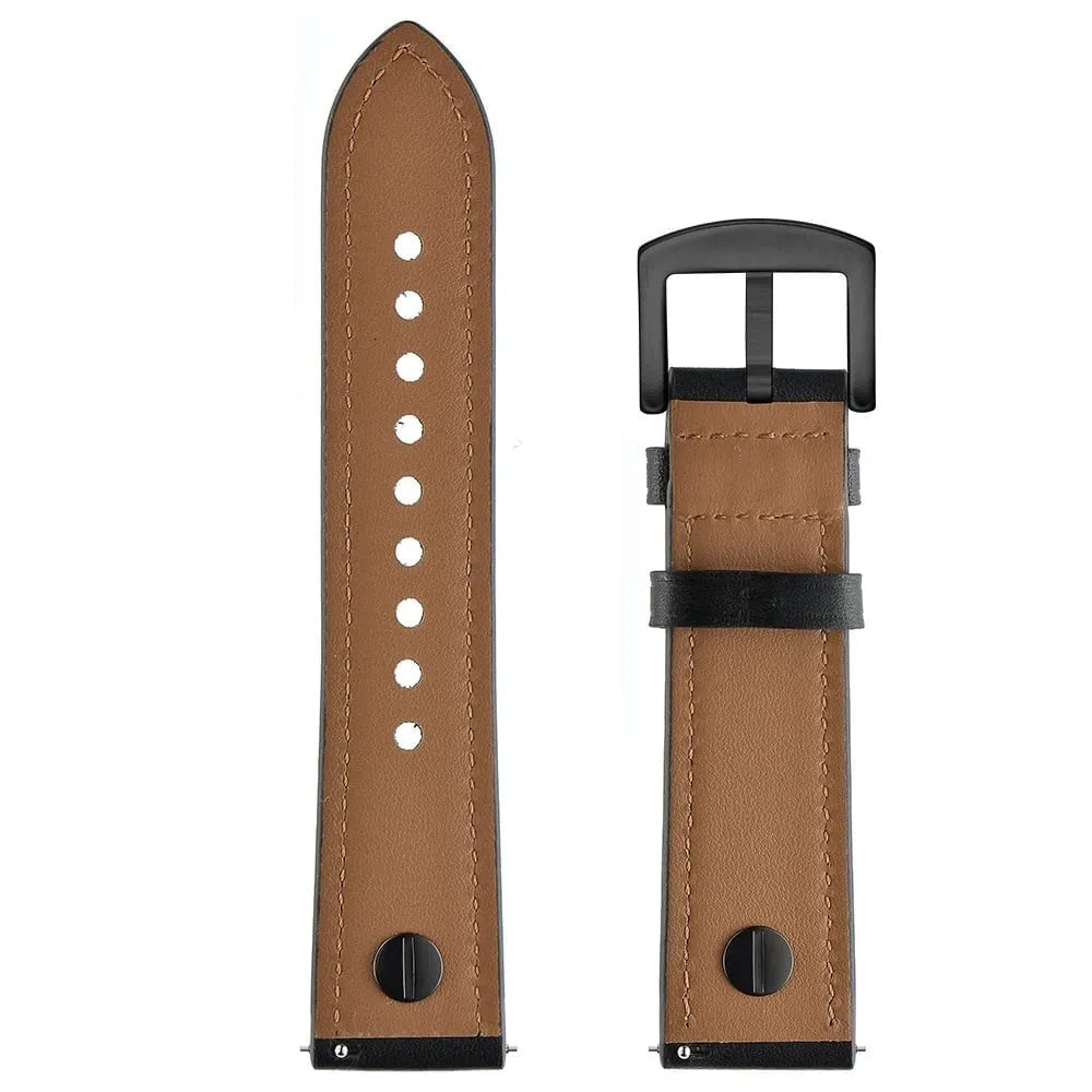 Leather Strap with Screw, black, laid flat, separate parts, direct top view