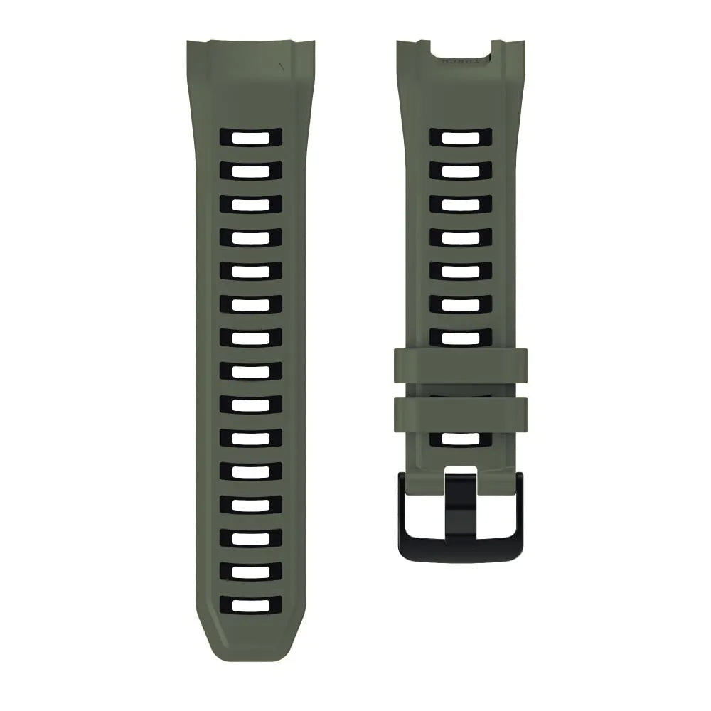 Silicone Sport Strap, dark green/black, laid flat, separate parts, direct top view