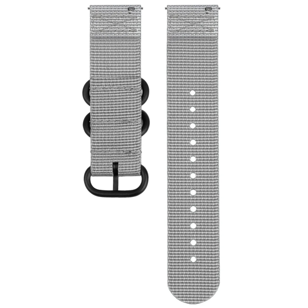 Nylon Buckle Strap, grey, laid flat, separate parts, direct top view