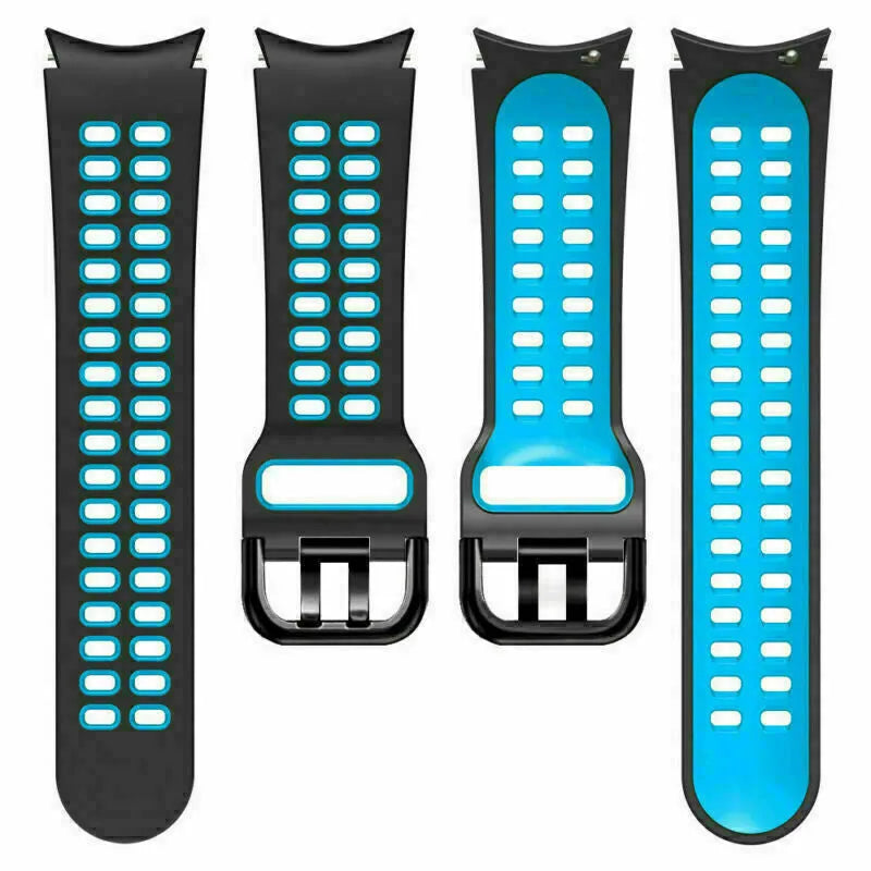Silicone Squared Sport Strap, black/light blue, laid flat, separate parts, direct top view