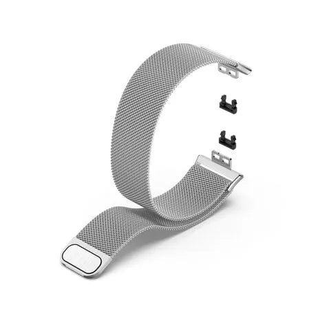 Milanese Strap, silver, laid flat, separate parts, direct top view