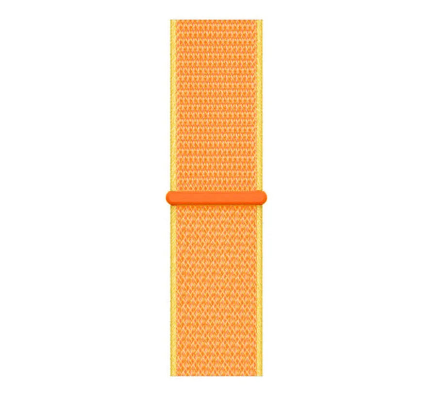 Nylon Strap, orange/yellow, laid flat, joined, direct top view