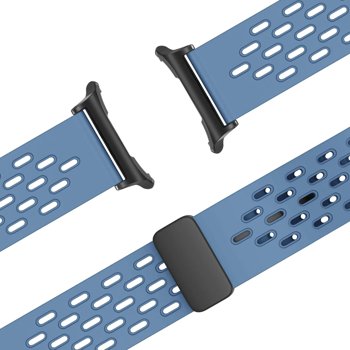Silicone D-Buckle Sport Strap 'Air', grey-blue, laid flat, joined, 45° top view
