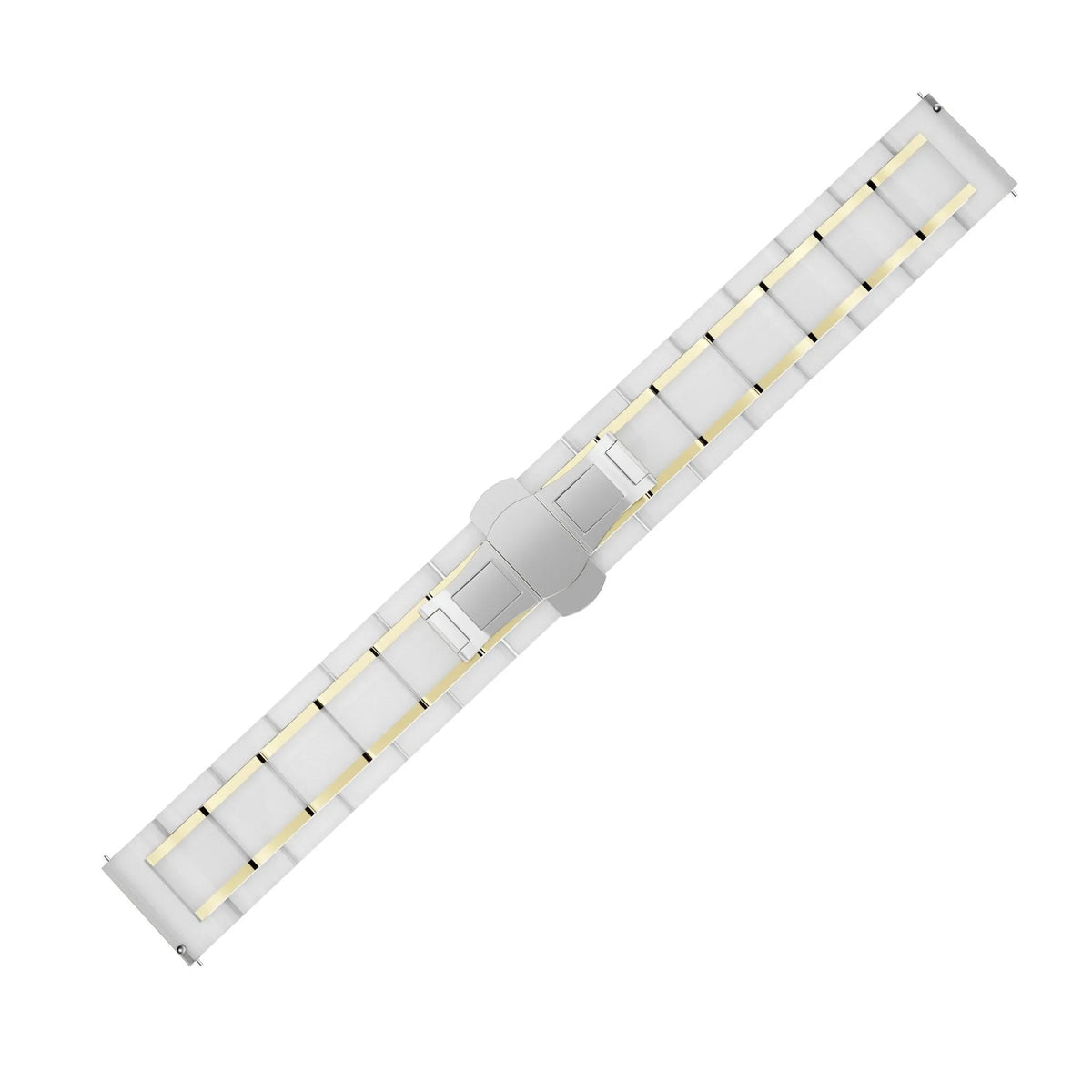 Metal Ceramic Link Strap, white/gold, laid flat, joined, 45° top view
