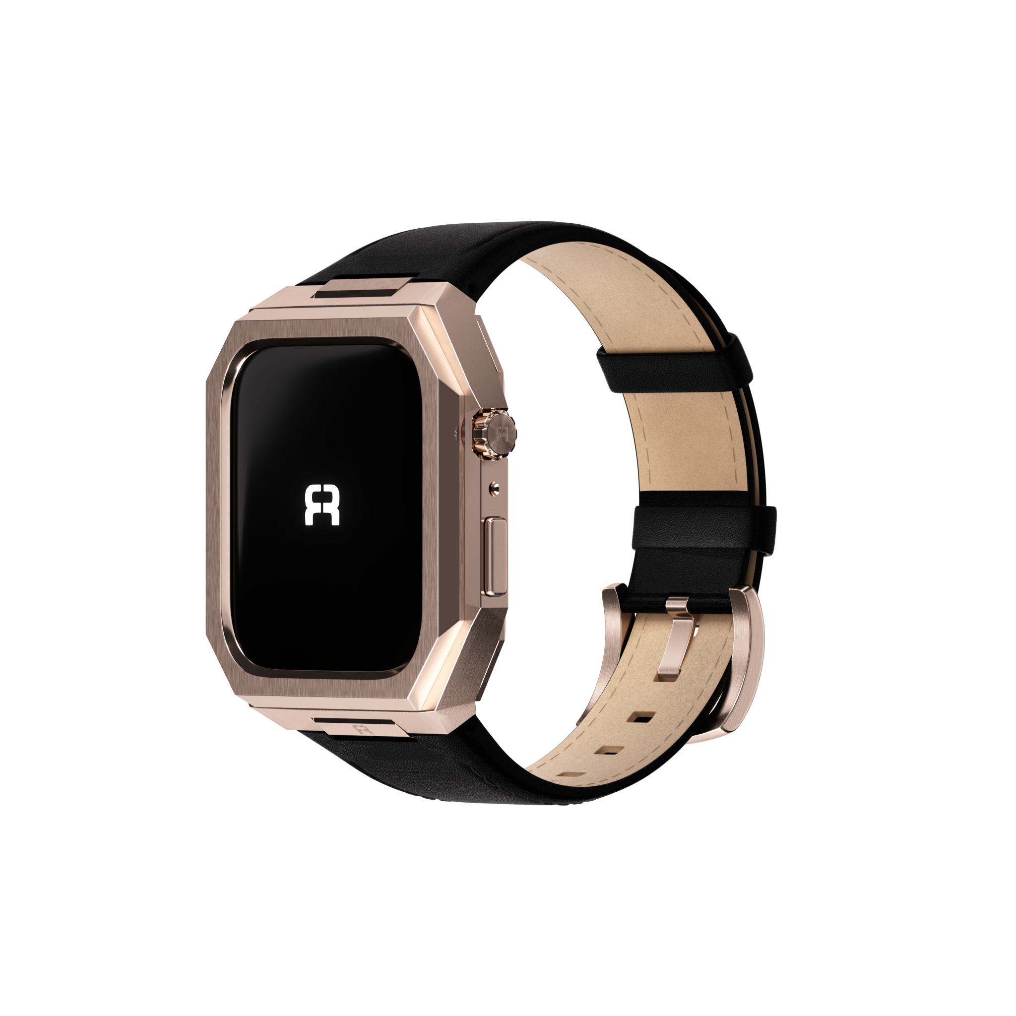 Reqior Apple Watch 45mm Metal Case with Leather Strap (Rose Gold/Black)