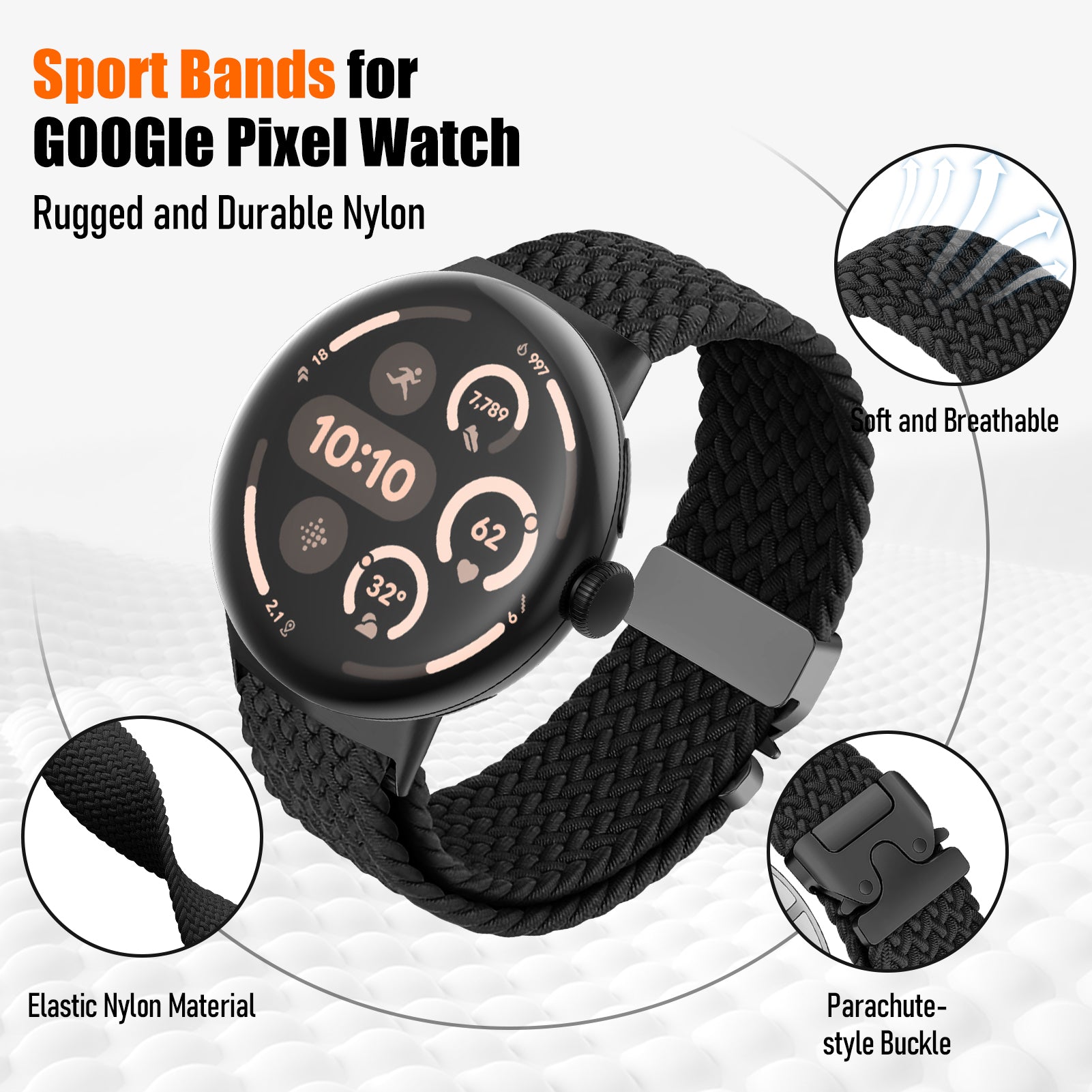 Google Pixel Watch 3 - 45mm Braided Strap with P-Buckle (Black)