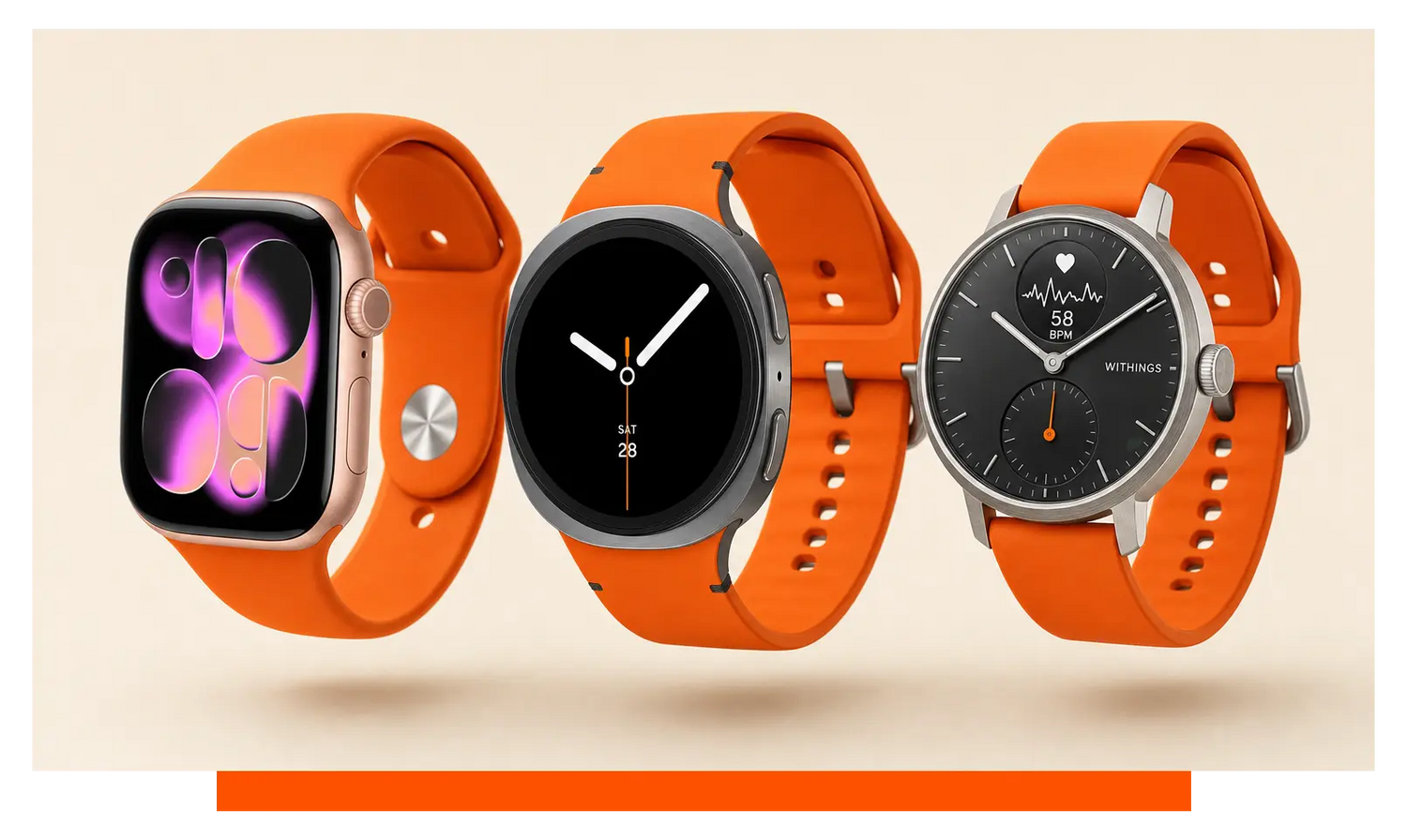 Three smartwatches shown side by side, floating in the studio - Apple Watch 11 and Samsung Galaxy Watch 8 and Withings Scanwatch 2
