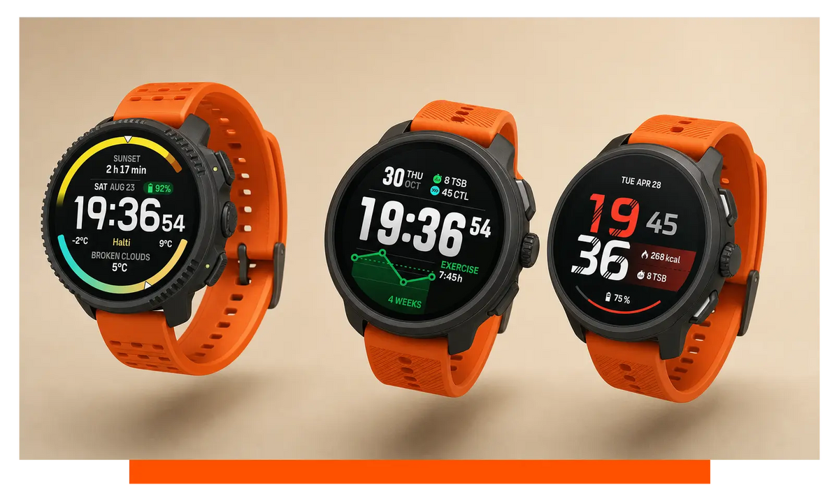 Three smartwatches shown side by side, floating in the studio - Suunto Vertical 2 and Suunto Race 2 and Suunto Run 2
