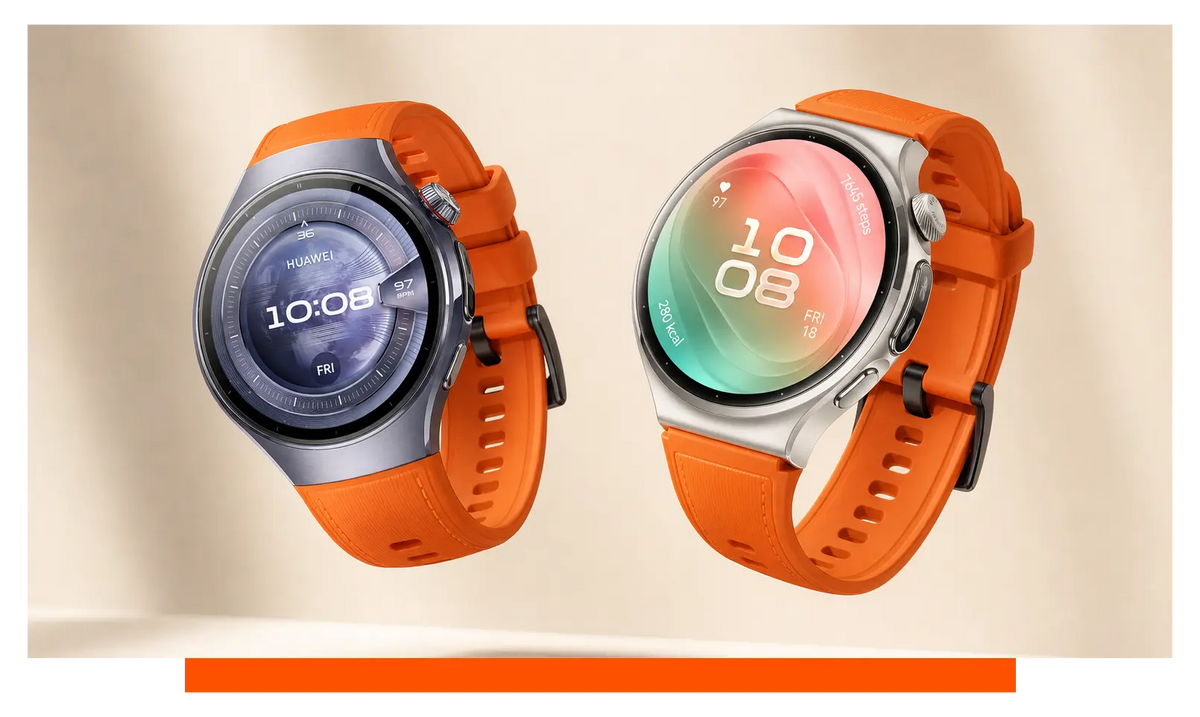 Two smartwatches shown side by side, floating in the studio - Huawei Watch 5 and Huawei Watch 6