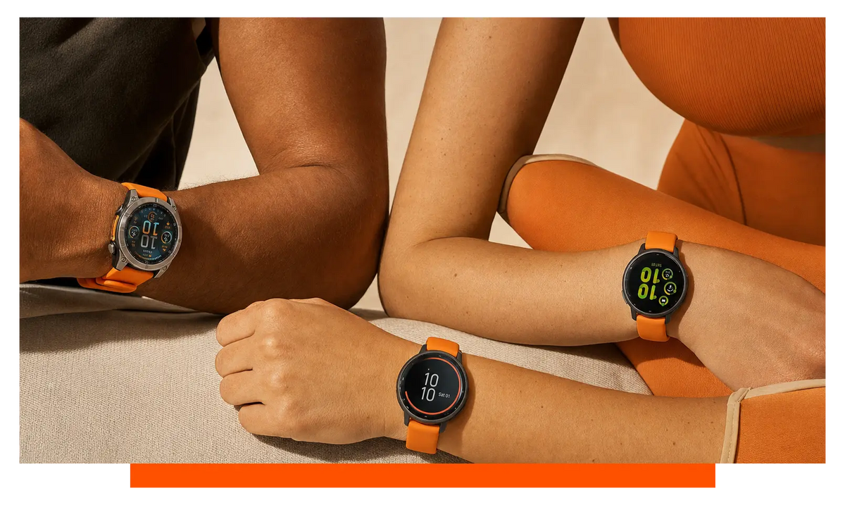 Three smartwatches worn on separate wrists, worn, mid-workout - Garmin Fenix and Garmin Vivoactive 5 and Garmin Venu