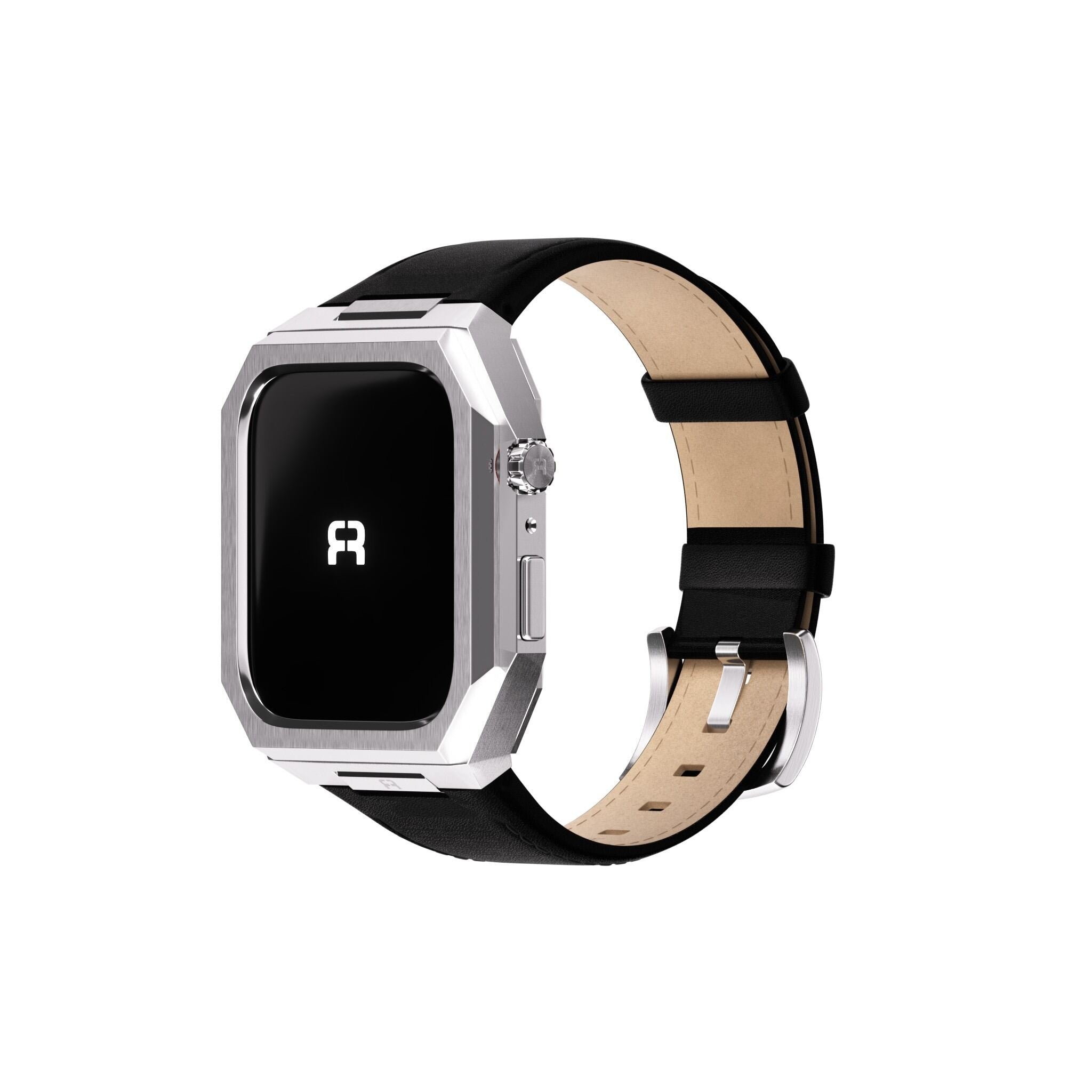 Reqior Funda de metal con correa de cuero Apple Watch 45mm (plateado/negro)