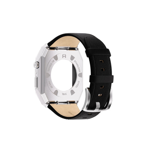 Reqior Funda de metal con correa de cuero Apple Watch 45mm (plateado/negro)