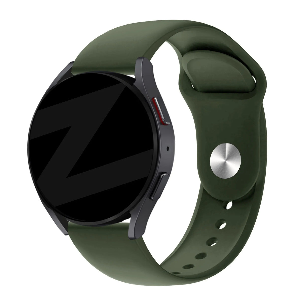 Silicone Sport Strap 'Deluxe', army green, on a watch, 3/4 front view