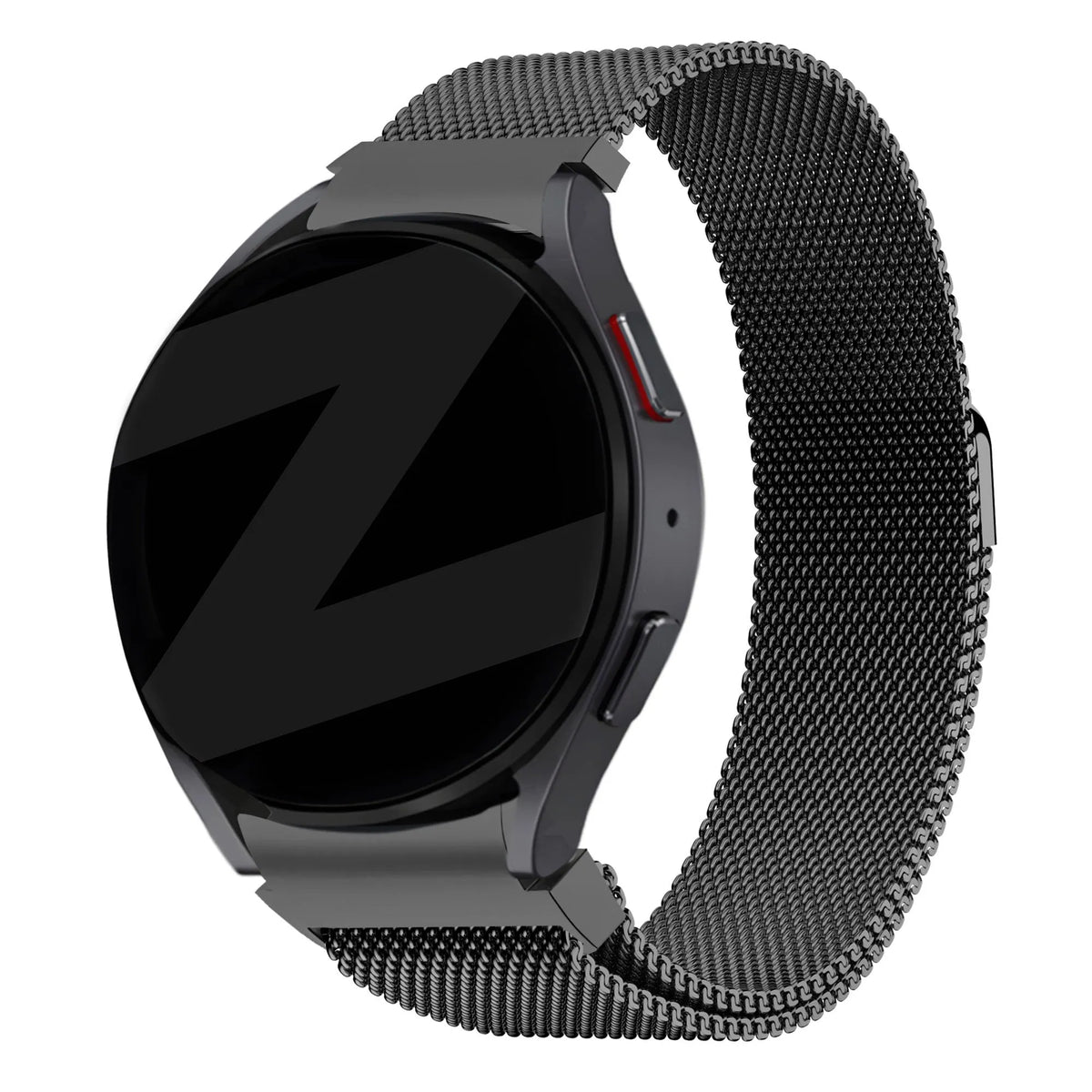 Milanese Loop Strap, black, on a watch, 3/4 front view