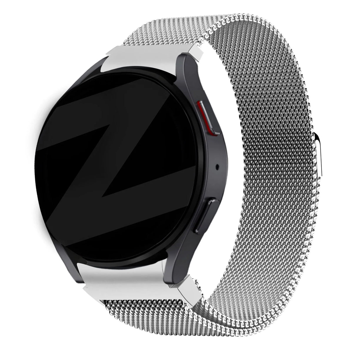 Milanese Loop Strap, silver, on a watch, 3/4 front view