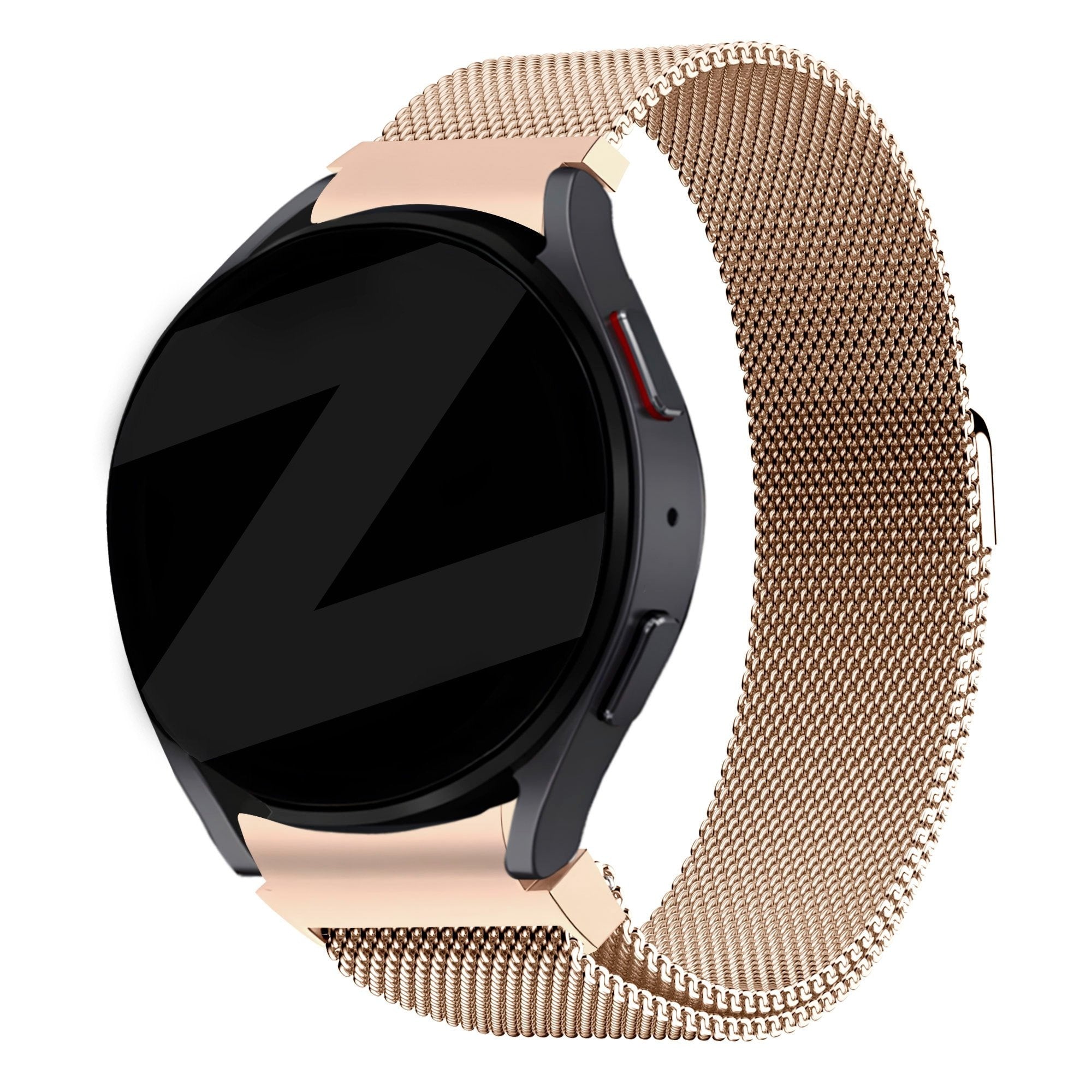 Milanese Loop Strap, rose gold, on a watch, 3/4 front view
